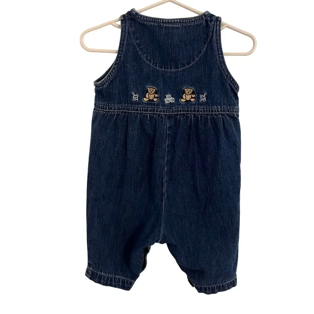 Vintage Baby OshKosh B'Gosh Blue Denim Overalls Romper Teddy Bear 3-6 Months